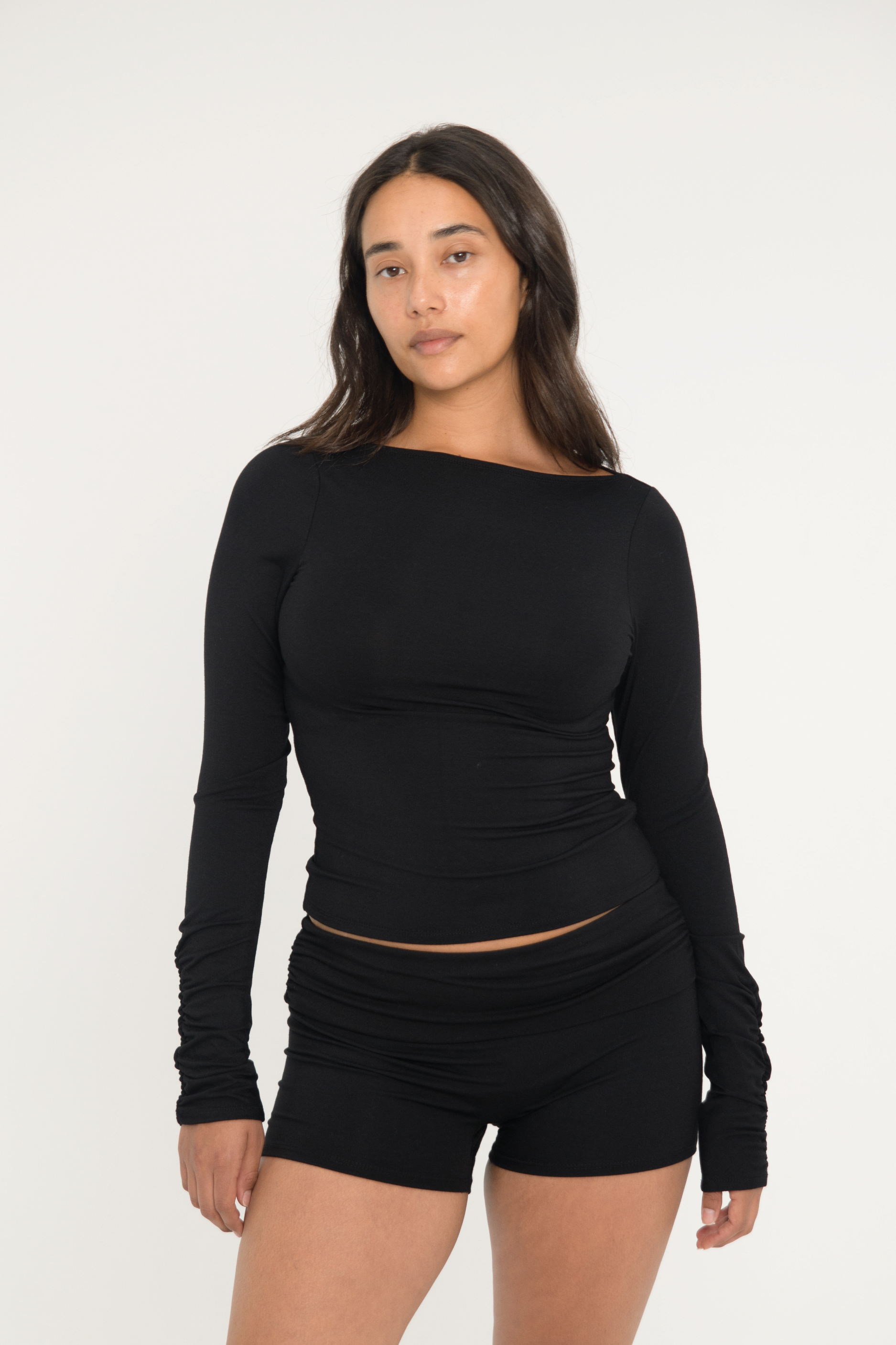 Black Boat Neck Long Sleeve Top