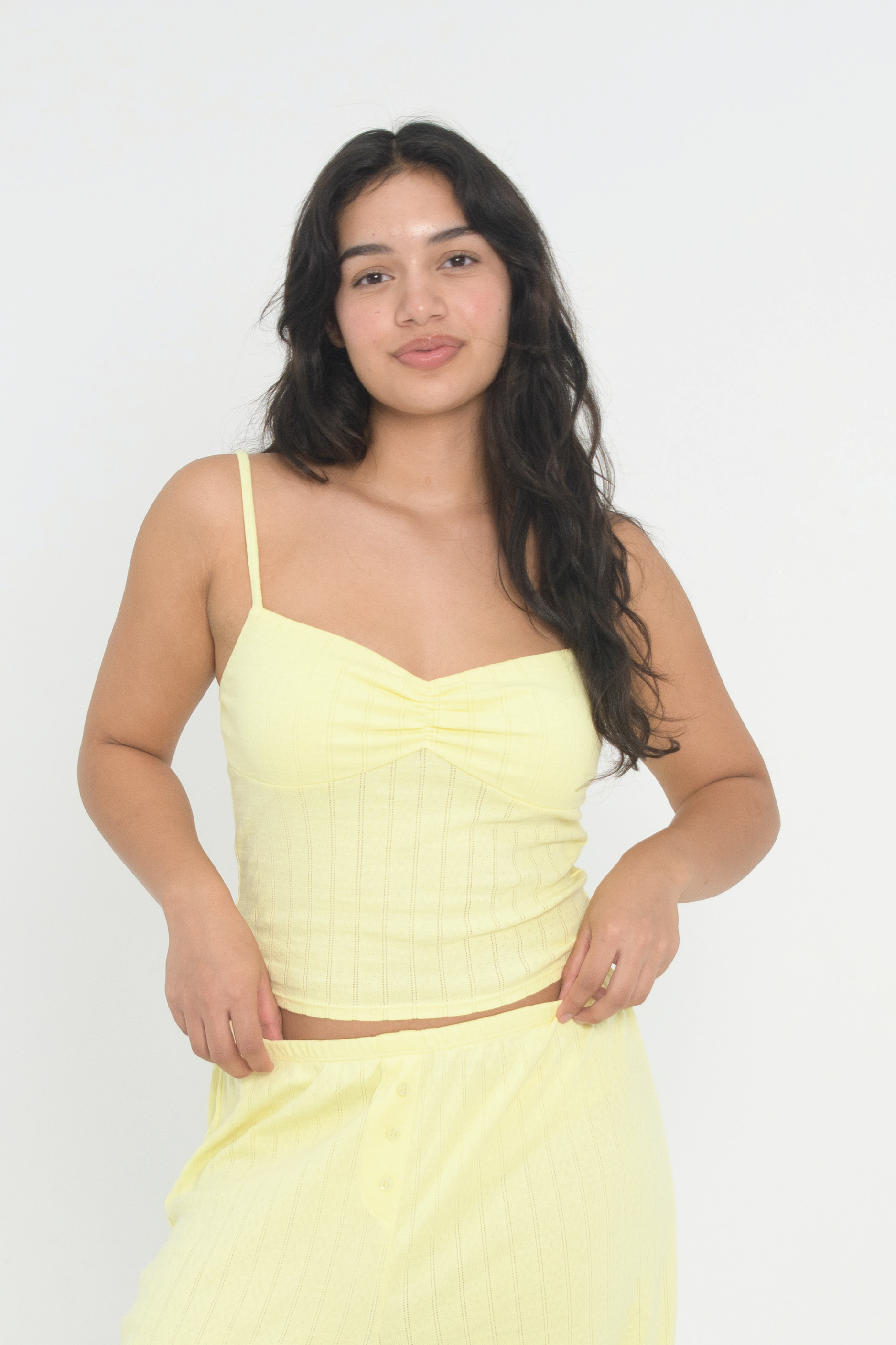 Butter Yellow Ruched Pointelle Tank Top
