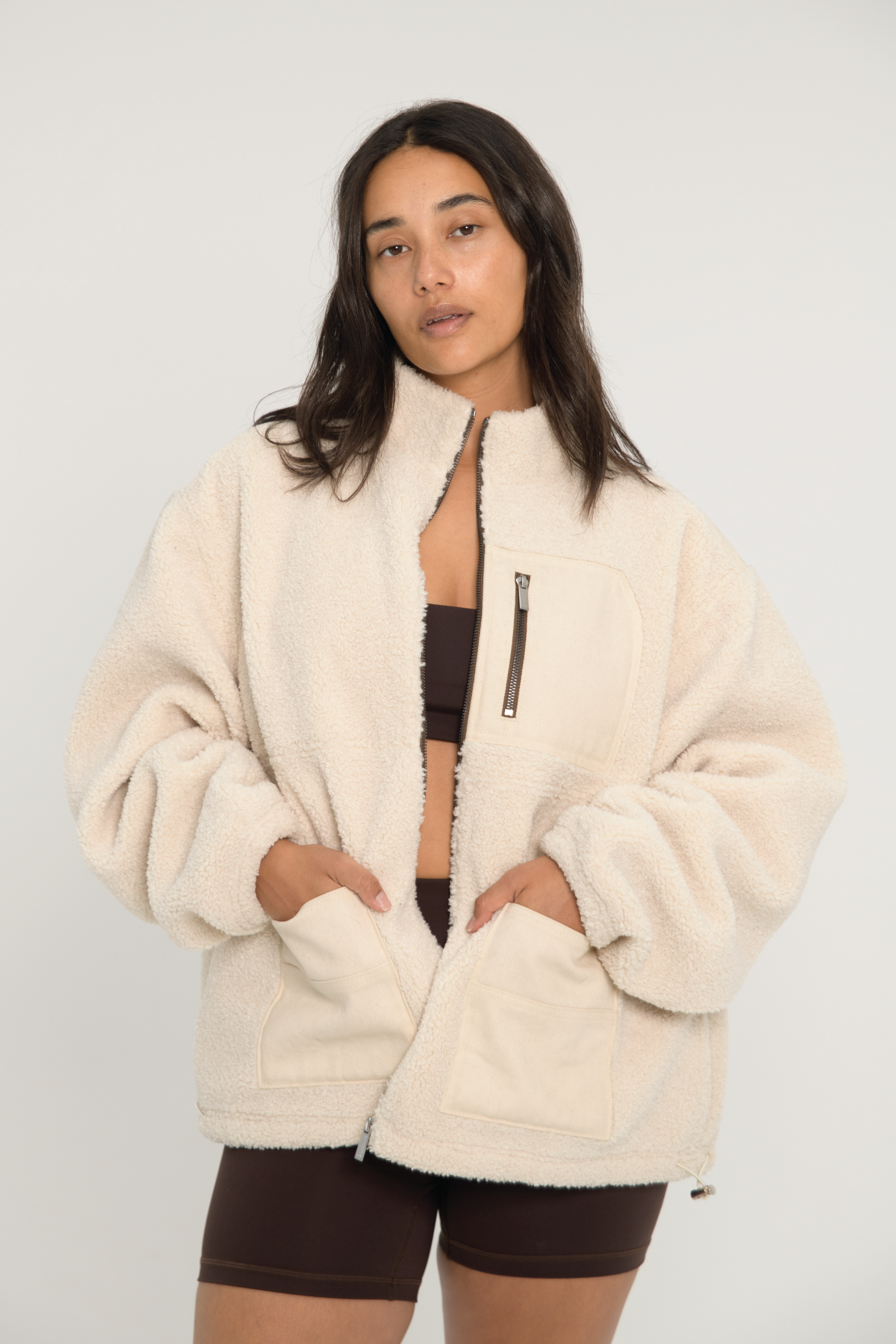 Cream Sherpa Fleece Jacket for Women